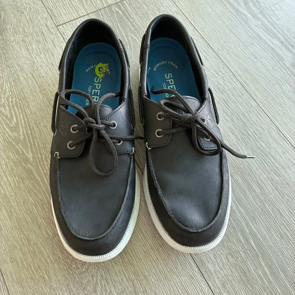 Sperry Top-Sider Mens Black Leather Boat Shoes Memory Foam Loafers 9.5M